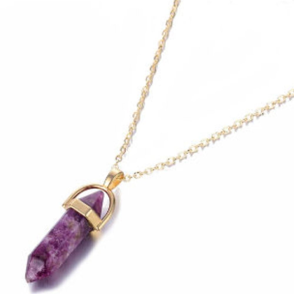 Crystals Necklace Bohemian Hexagon Opal Pendant Purple Crystal in Gold Tone -NEW
